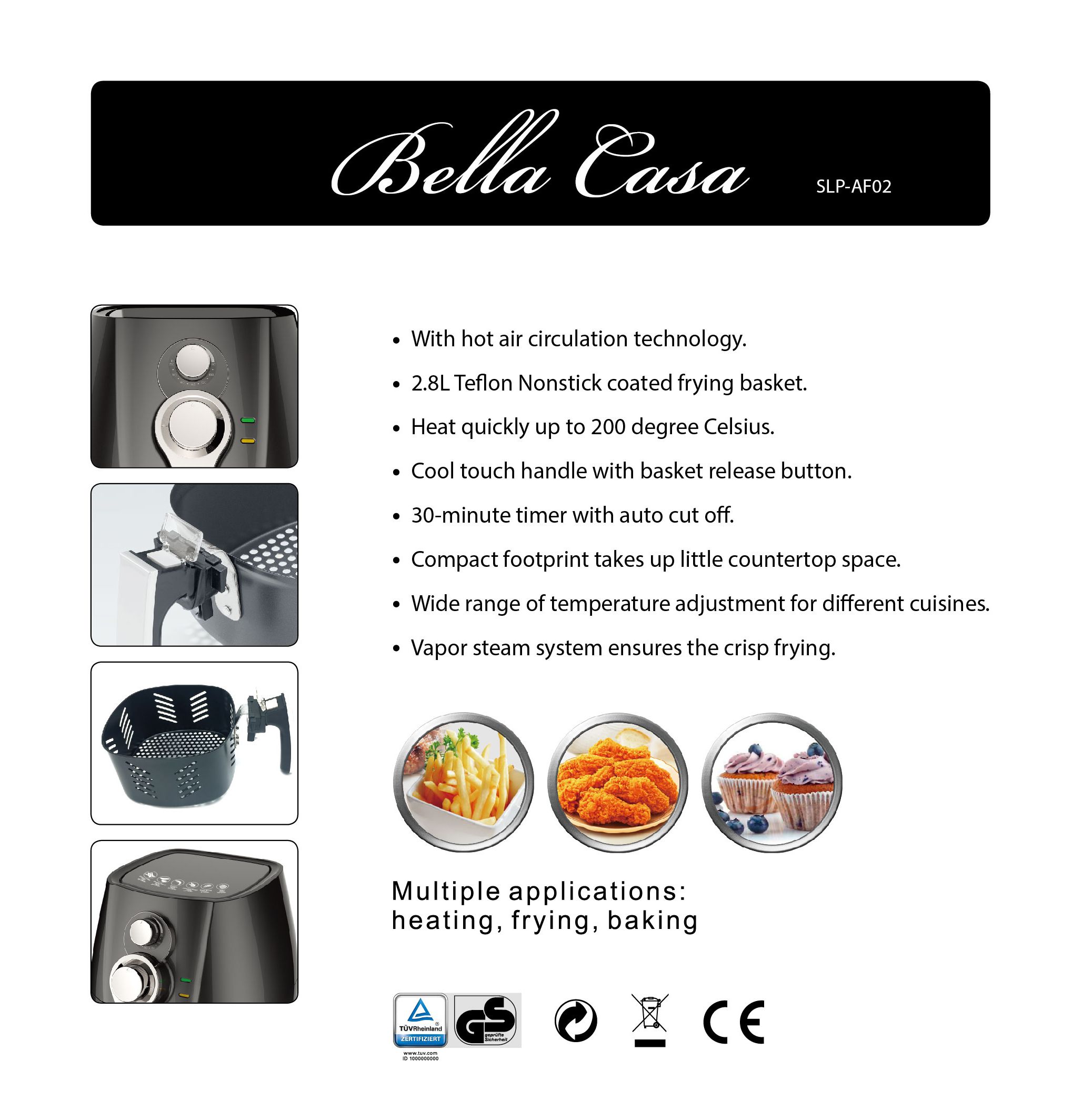 Bella Casa Air Fryer Low Fat Free Frying Deep Healthy Oil Black Kitchen